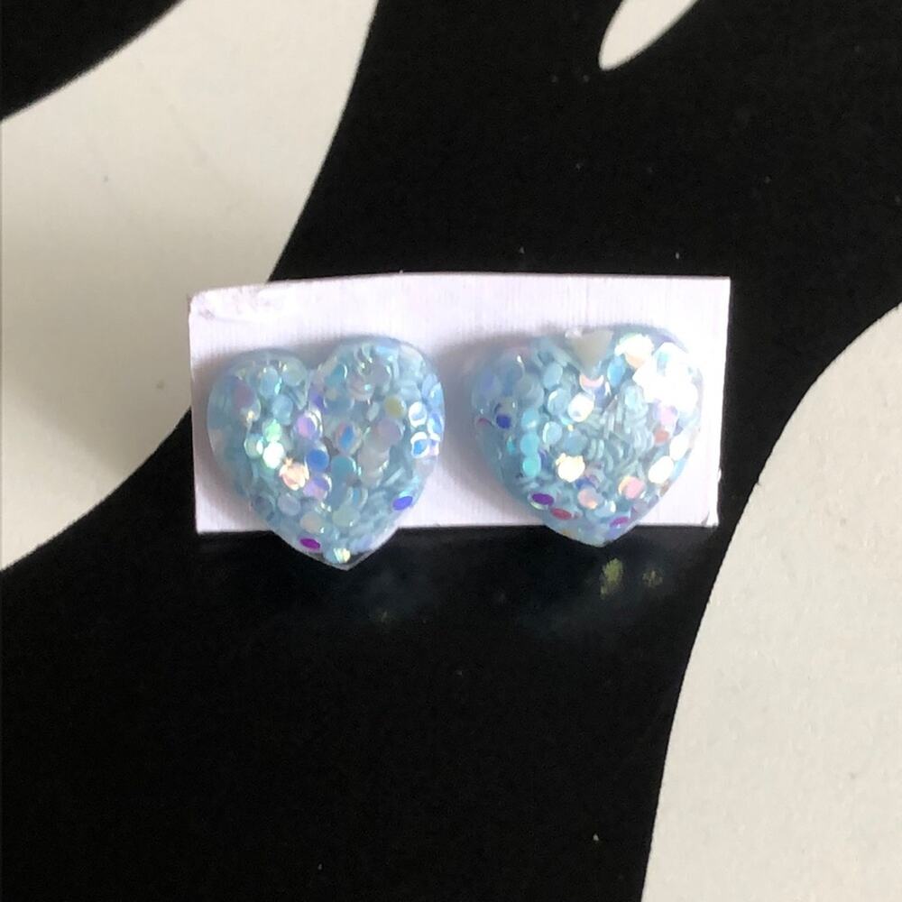 4 for $20 Light Blue Glitter Heart Stud Earrings